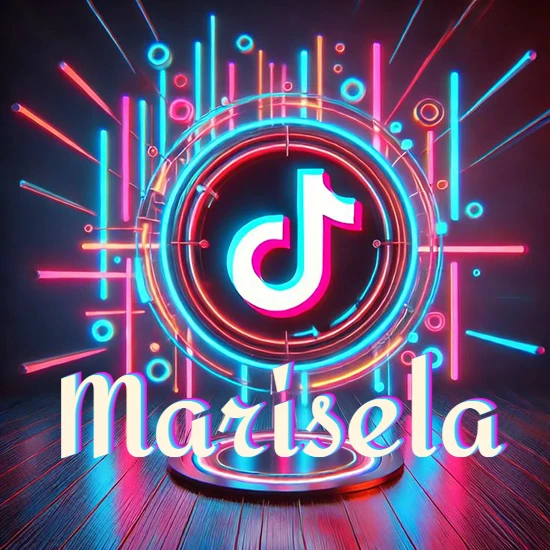 Escenario vibrante iluminado con luces de neón rojas y azules. Círculo de luz central con logotipo de TikTok. Nombre en una base circular iluminada sobre el suelo de madera. Diseño con el nombre Marisela.