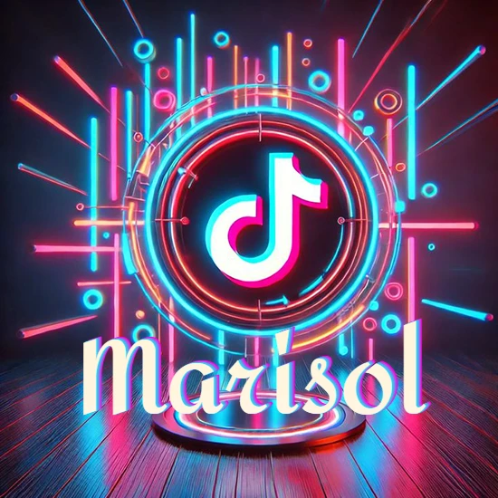 Escenario vibrante iluminado con luces de neón rojas y azules. Círculo de luz central con logotipo de TikTok. Nombre en una base circular iluminada sobre el suelo de madera. Diseño con el nombre Marisol.