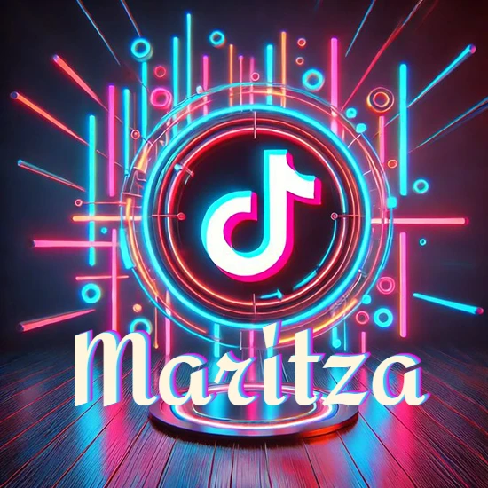 Escenario vibrante iluminado con luces de neón rojas y azules. Círculo de luz central con logotipo de TikTok. Nombre en una base circular iluminada sobre el suelo de madera. Diseño con el nombre Maritza.
