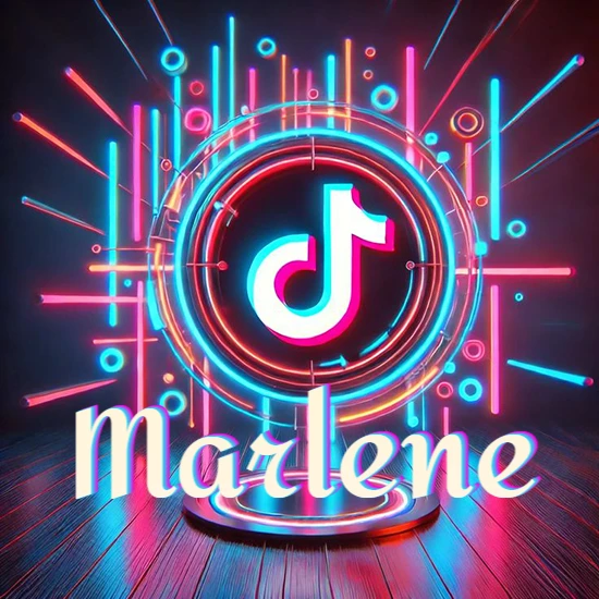 Escenario vibrante iluminado con luces de neón rojas y azules. Círculo de luz central con logotipo de TikTok. Nombre en una base circular iluminada sobre el suelo de madera. Diseño con el nombre Marlene.