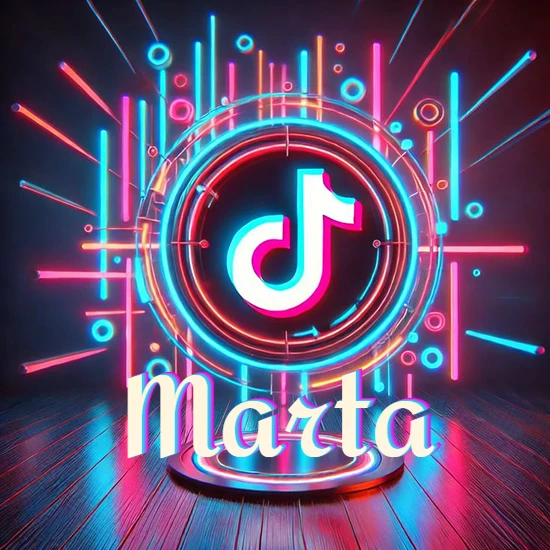 Escenario vibrante iluminado con luces de neón rojas y azules. Círculo de luz central con logotipo de TikTok. Nombre en una base circular iluminada sobre el suelo de madera. Diseño con el nombre Marta.