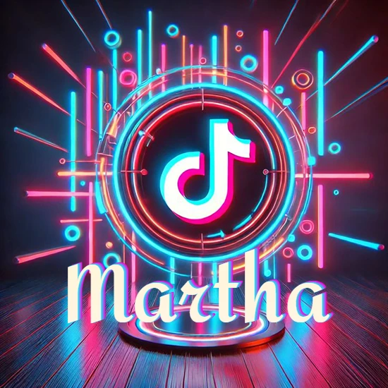 Escenario vibrante iluminado con luces de neón rojas y azules. Círculo de luz central con logotipo de TikTok. Nombre en una base circular iluminada sobre el suelo de madera. Diseño con el nombre Martha. Escenario vibrante iluminado con luces de neón rojas y azules. Círculo de luz central con logotipo de TikTok. Nombre en una base circular iluminada sobre el suelo de madera. Diseño con el nombre Martha.