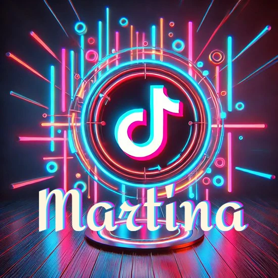 Escenario vibrante iluminado con luces de neón rojas y azules. Círculo de luz central con logotipo de TikTok. Nombre en una base circular iluminada sobre el suelo de madera. Diseño con el nombre Martina.