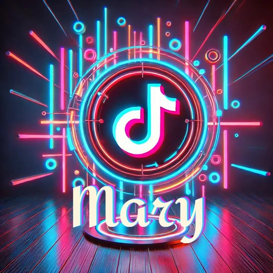 Escenario vibrante iluminado con luces de neón rojas y azules. Círculo de luz central con logotipo de TikTok. Nombre en una base circular iluminada sobre el suelo de madera. Diseño con el nombre Mary.