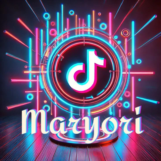 Escenario vibrante iluminado con luces de neón rojas y azules. Círculo de luz central con logotipo de TikTok. Nombre en una base circular iluminada sobre el suelo de madera. Diseño con el nombre Maryori.