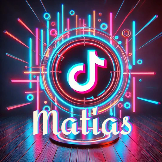 Escenario vibrante iluminado con luces de neón rojas y azules. Círculo de luz central con logotipo de TikTok. Nombre en una base circular iluminada sobre el suelo de madera. Diseño con el nombre Matias.