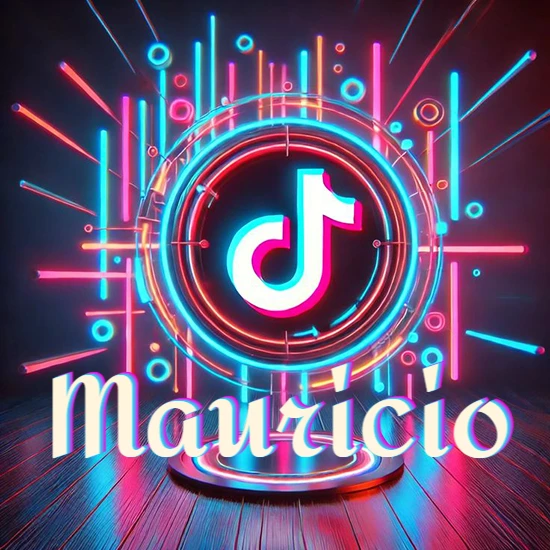 Escenario vibrante iluminado con luces de neón rojas y azules. Círculo de luz central con logotipo de TikTok. Nombre en una base circular iluminada sobre el suelo de madera. Diseño con el nombre Mauricio.