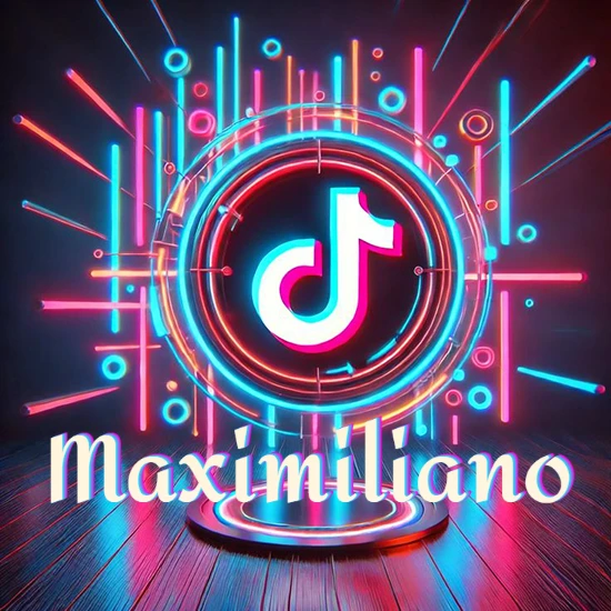 Escenario vibrante iluminado con luces de neón rojas y azules. Círculo de luz central con logotipo de TikTok. Nombre en una base circular iluminada sobre el suelo de madera. Diseño con el nombre Maximiliano.