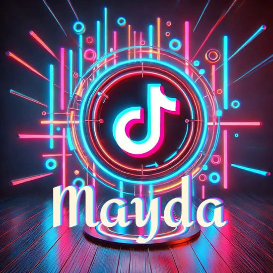Escenario vibrante iluminado con luces de neón rojas y azules. Círculo de luz central con logotipo de TikTok. Nombre en una base circular iluminada sobre el suelo de madera. Diseño con el nombre Mayda.