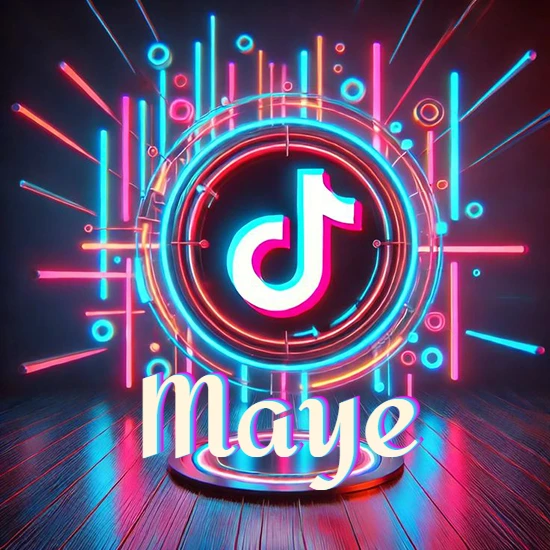 Escenario vibrante iluminado con luces de neón rojas y azules. Círculo de luz central con logotipo de TikTok. Nombre en una base circular iluminada sobre el suelo de madera. Diseño con el nombre Maye.