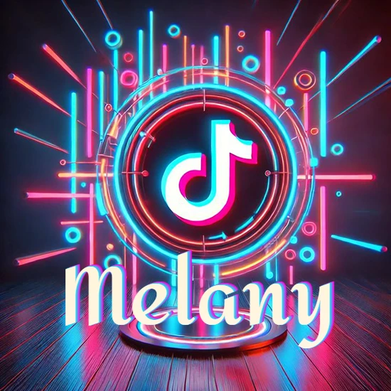 Escenario vibrante iluminado con luces de neón rojas y azules. Círculo de luz central con logotipo de TikTok. Nombre en una base circular iluminada sobre el suelo de madera. Diseño con el nombre Melany.
