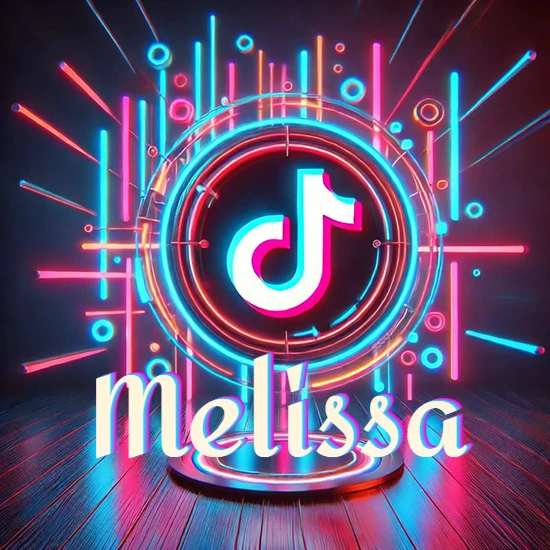 Escenario vibrante iluminado con luces de neón rojas y azules. Círculo de luz central con logotipo de TikTok. Nombre en una base circular iluminada sobre el suelo de madera. Diseño con el nombre Melissa.