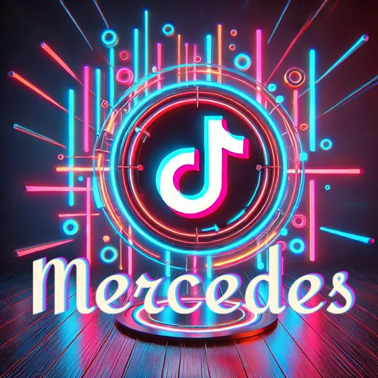 Escenario vibrante iluminado con luces de neón rojas y azules. Círculo de luz central con logotipo de TikTok. Nombre en una base circular iluminada sobre el suelo de madera. Diseño con el nombre Mercedes.