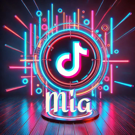 Escenario vibrante iluminado con luces de neón rojas y azules. Círculo de luz central con logotipo de TikTok. Nombre en una base circular iluminada sobre el suelo de madera. Diseño con el nombre Mia.