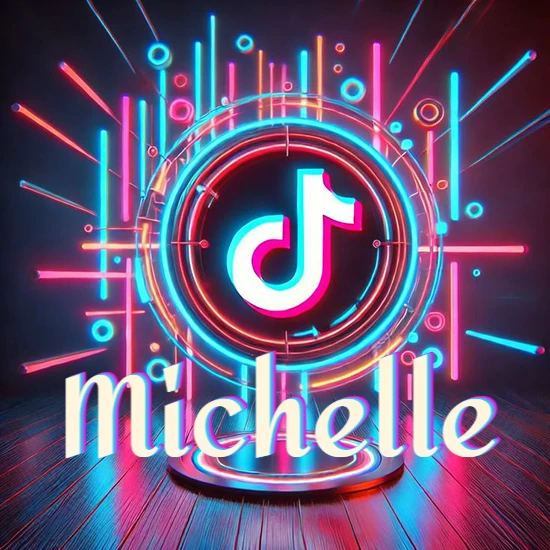 Escenario vibrante iluminado con luces de neón rojas y azules. Círculo de luz central con logotipo de TikTok. Nombre en una base circular iluminada sobre el suelo de madera. Diseño con el nombre Michelle.