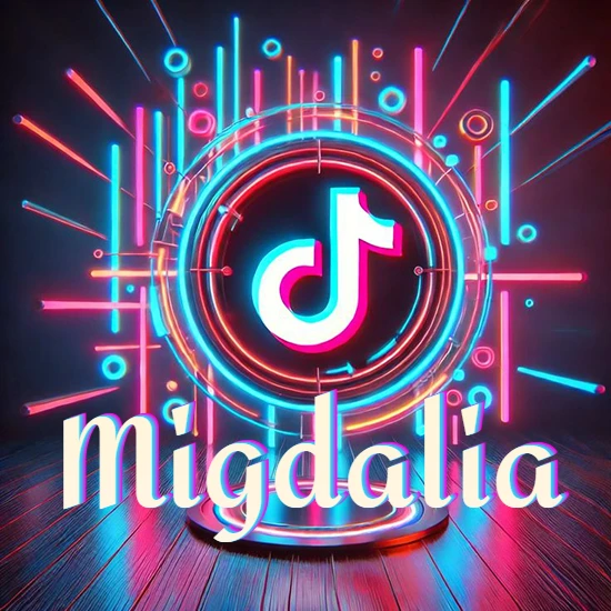 Escenario vibrante iluminado con luces de neón rojas y azules. Círculo de luz central con logotipo de TikTok. Nombre en una base circular iluminada sobre el suelo de madera. Diseño con el nombre Migdalia.