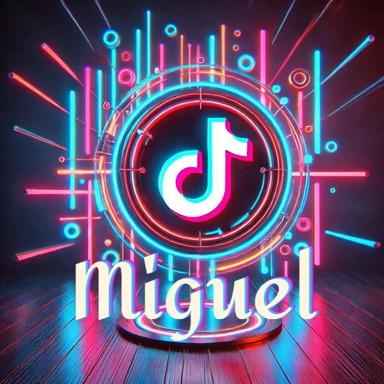 Escenario vibrante iluminado con luces de neón rojas y azules. Círculo de luz central con logotipo de TikTok. Nombre en una base circular iluminada sobre el suelo de madera. Diseño con el nombre Miguel.