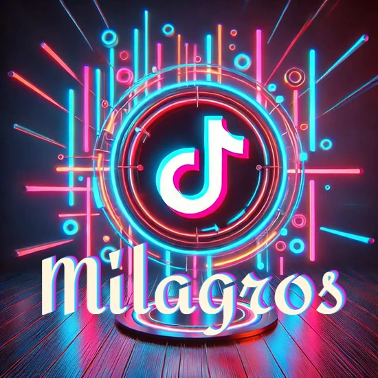 Escenario vibrante iluminado con luces de neón rojas y azules. Círculo de luz central con logotipo de TikTok. Nombre en una base circular iluminada sobre el suelo de madera. Diseño con el nombre Milagros.