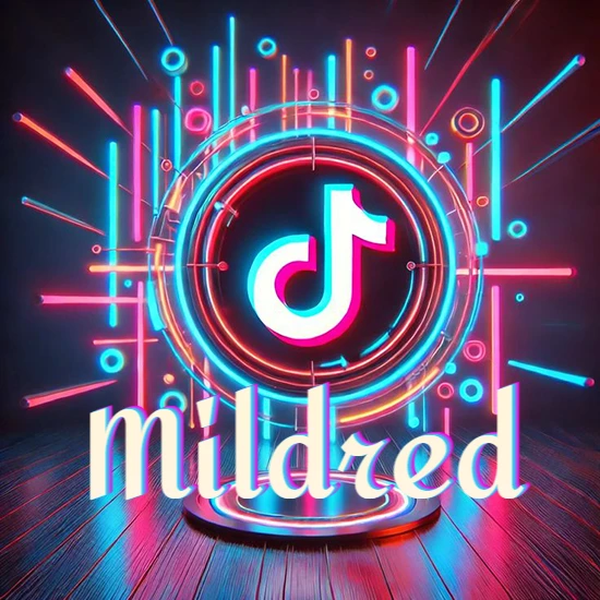 Escenario vibrante iluminado con luces de neón rojas y azules. Círculo de luz central con logotipo de TikTok. Nombre en una base circular iluminada sobre el suelo de madera. Diseño con el nombre Mildred.