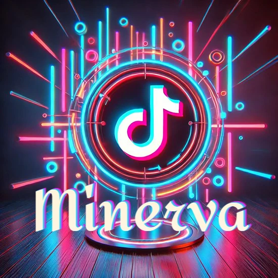 Escenario vibrante iluminado con luces de neón rojas y azules. Círculo de luz central con logotipo de TikTok. Nombre en una base circular iluminada sobre el suelo de madera. Diseño con el nombre Minerva.