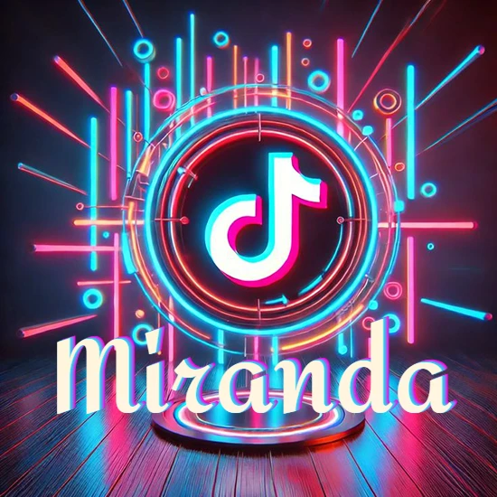 Escenario vibrante iluminado con luces de neón rojas y azules. Círculo de luz central con logotipo de TikTok. Nombre en una base circular iluminada sobre el suelo de madera. Diseño con el nombre Miranda.