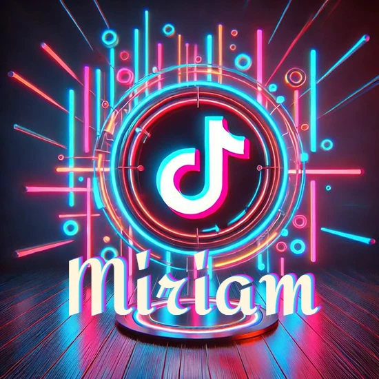 Escenario vibrante iluminado con luces de neón rojas y azules. Círculo de luz central con logotipo de TikTok. Nombre en una base circular iluminada sobre el suelo de madera. Diseño con el nombre Miriam.
