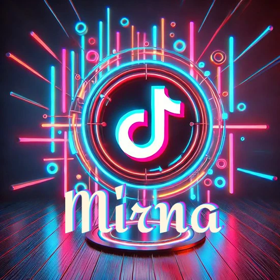 Escenario vibrante iluminado con luces de neón rojas y azules. Círculo de luz central con logotipo de TikTok. Nombre en una base circular iluminada sobre el suelo de madera. Diseño con el nombre Mirna.