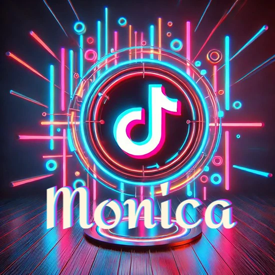 Escenario vibrante iluminado con luces de neón rojas y azules. Círculo de luz central con logotipo de TikTok. Nombre en una base circular iluminada sobre el suelo de madera. Diseño con el nombre Monica.