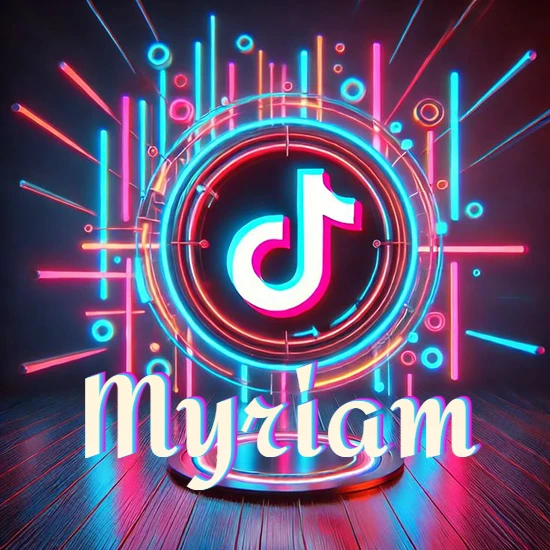 Escenario vibrante iluminado con luces de neón rojas y azules. Círculo de luz central con logotipo de TikTok. Nombre en una base circular iluminada sobre el suelo de madera. Diseño con el nombre Myriam.