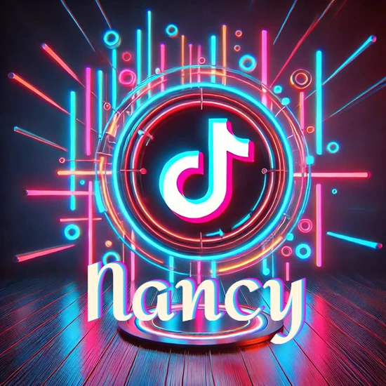 Escenario vibrante iluminado con luces de neón rojas y azules. Círculo de luz central con logotipo de TikTok. Nombre en una base circular iluminada sobre el suelo de madera. Diseño con el nombre Nancy.