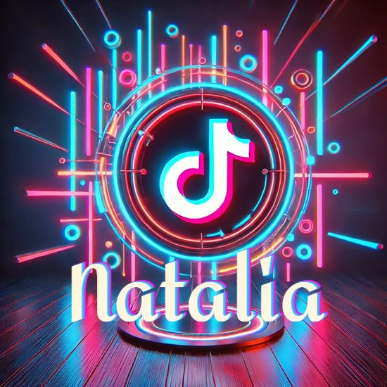 Escenario vibrante iluminado con luces de neón rojas y azules. Círculo de luz central con logotipo de TikTok. Nombre en una base circular iluminada sobre el suelo de madera. Diseño con el nombre Natalia.