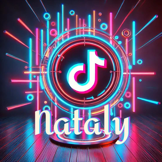 Escenario vibrante iluminado con luces de neón rojas y azules. Círculo de luz central con logotipo de TikTok. Nombre en una base circular iluminada sobre el suelo de madera. Diseño con el nombre Nataly.