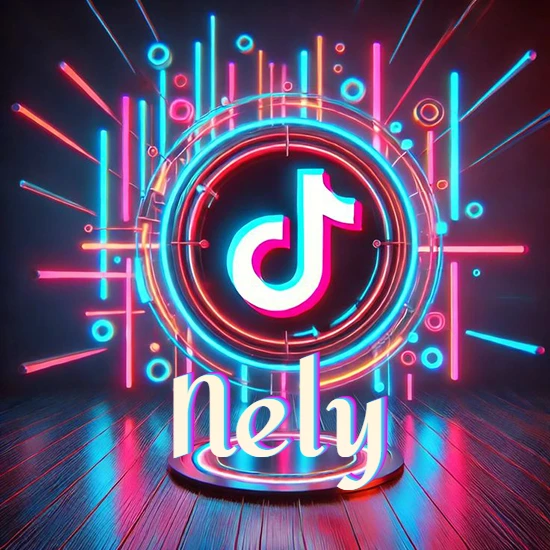 Escenario vibrante iluminado con luces de neón rojas y azules. Círculo de luz central con logotipo de TikTok. Nombre en una base circular iluminada sobre el suelo de madera. Diseño con el nombre Nely.