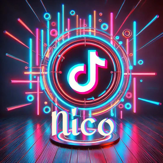 Escenario vibrante iluminado con luces de neón rojas y azules. Círculo de luz central con logotipo de TikTok. Nombre en una base circular iluminada sobre el suelo de madera. Diseño con el nombre Nico.
