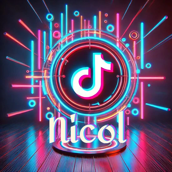 Escenario vibrante iluminado con luces de neón rojas y azules. Círculo de luz central con logotipo de TikTok. Nombre en una base circular iluminada sobre el suelo de madera. Diseño con el nombre Nicol.