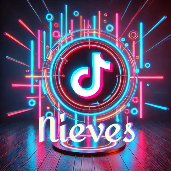 Escenario vibrante iluminado con luces de neón rojas y azules. Círculo de luz central con logotipo de TikTok. Nombre en una base circular iluminada sobre el suelo de madera. Diseño con el nombre Nieves.