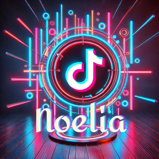Escenario vibrante iluminado con luces de neón rojas y azules. Círculo de luz central con logotipo de TikTok. Nombre en una base circular iluminada sobre el suelo de madera. Diseño con el nombre Noelia.
