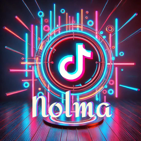 Escenario vibrante iluminado con luces de neón rojas y azules. Círculo de luz central con logotipo de TikTok. Nombre en una base circular iluminada sobre el suelo de madera. Diseño con el nombre Nolma.