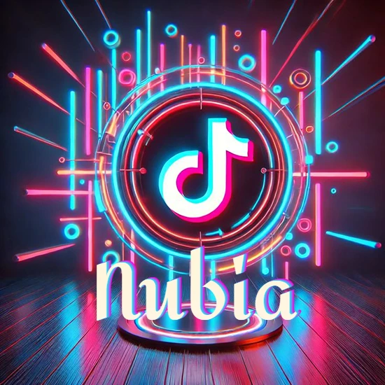 Escenario vibrante iluminado con luces de neón rojas y azules. Círculo de luz central con logotipo de TikTok. Nombre en una base circular iluminada sobre el suelo de madera. Diseño con el nombre Nubia.