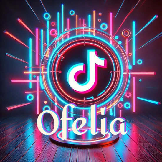 Escenario vibrante iluminado con luces de neón rojas y azules. Círculo de luz central con logotipo de TikTok. Nombre en una base circular iluminada sobre el suelo de madera. Diseño con el nombre Ofelia.