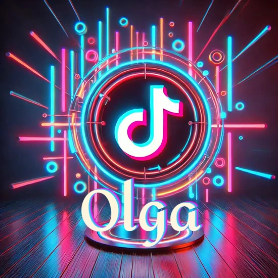 Escenario vibrante iluminado con luces de neón rojas y azules. Círculo de luz central con logotipo de TikTok. Nombre en una base circular iluminada sobre el suelo de madera. Diseño con el nombre Olga.