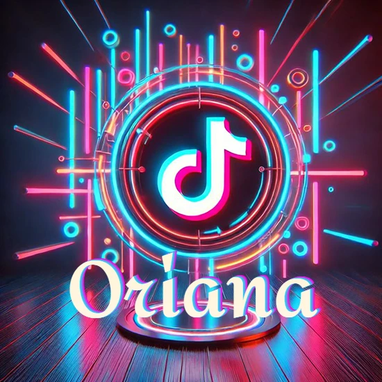Escenario vibrante iluminado con luces de neón rojas y azules. Círculo de luz central con logotipo de TikTok. Nombre en una base circular iluminada sobre el suelo de madera. Diseño con el nombre Oriana.