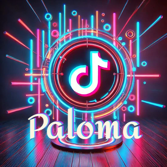 Escenario vibrante iluminado con luces de neón rojas y azules. Círculo de luz central con logotipo de TikTok. Nombre en una base circular iluminada sobre el suelo de madera. Diseño con el nombre Paloma.