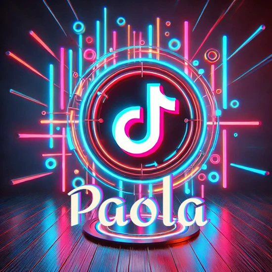 Escenario vibrante iluminado con luces de neón rojas y azules. Círculo de luz central con logotipo de TikTok. Nombre en una base circular iluminada sobre el suelo de madera. Diseño con el nombre Paola.