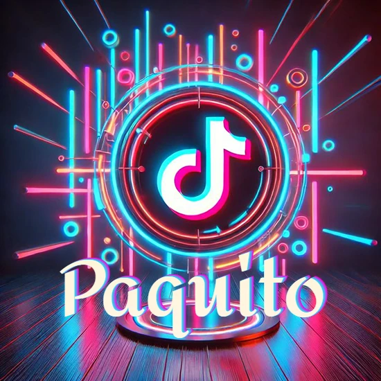 Escenario vibrante iluminado con luces de neón rojas y azules. Círculo de luz central con logotipo de TikTok. Nombre en una base circular iluminada sobre el suelo de madera. Diseño con el nombre Paquito.