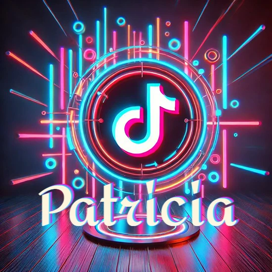 Escenario vibrante iluminado con luces de neón rojas y azules. Círculo de luz central con logotipo de TikTok. Nombre en una base circular iluminada sobre el suelo de madera. Diseño con el nombre Patricia.