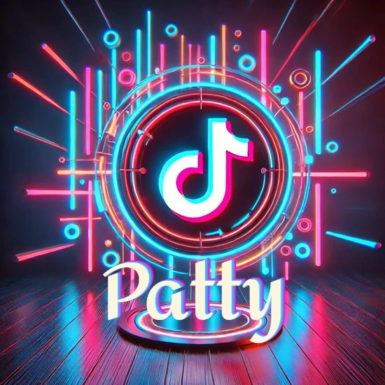 Escenario vibrante iluminado con luces de neón rojas y azules. Círculo de luz central con logotipo de TikTok. Nombre en una base circular iluminada sobre el suelo de madera. Diseño con el nombre Patty.