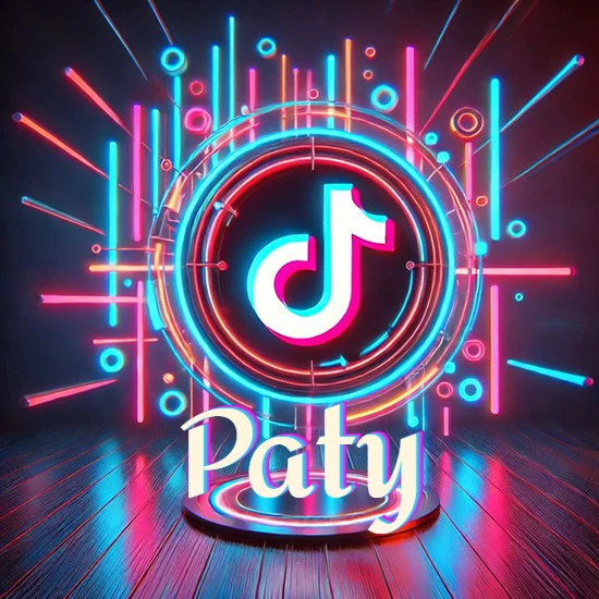 Escenario vibrante iluminado con luces de neón rojas y azules. Círculo de luz central con logotipo de TikTok. Nombre en una base circular iluminada sobre el suelo de madera. Diseño con el nombre Paty.