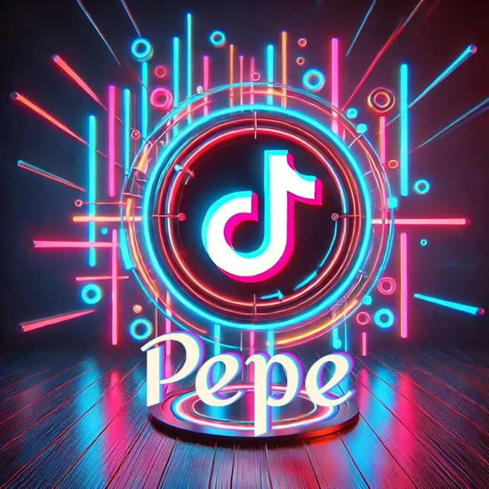 Escenario vibrante iluminado con luces de neón rojas y azules. Círculo de luz central con logotipo de TikTok. Nombre en una base circular iluminada sobre el suelo de madera. Diseño con el nombre Pepe.