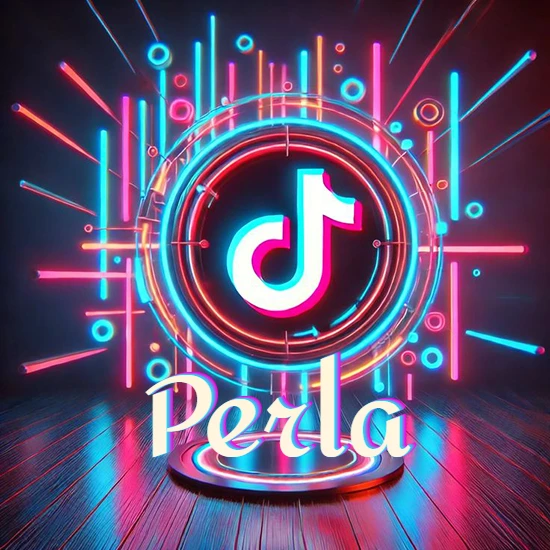 Escenario vibrante iluminado con luces de neón rojas y azules. Círculo de luz central con logotipo de TikTok. Nombre en una base circular iluminada sobre el suelo de madera. Diseño con el nombre Perla.